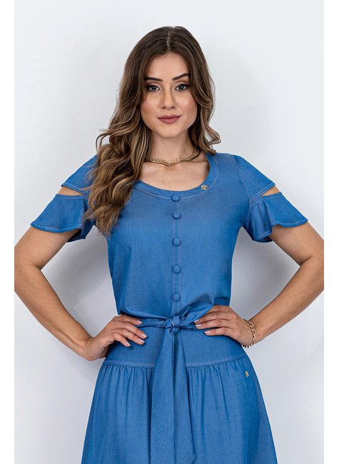 Denim Blouse With Differentiated Sleeves